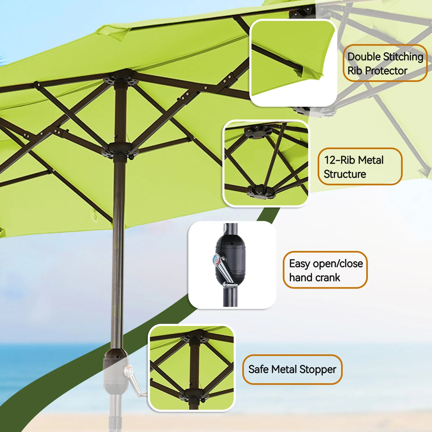 Angel Living dubbele parasol - 2,97 x 1,53 m - met zwengel - UPF 50+ - appelgroen