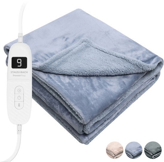 STAUS&BACH Elektrische deken XXL - 2 persoons bovendeken - Dubbelzijdig Fleece Sherpa Warmtedeken - Grijs blauw - 180x130 cm PowerNap