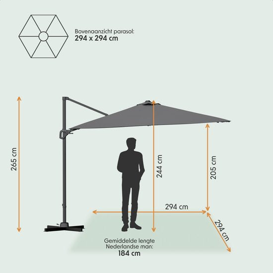 LifeGoods Zweefparasol - 294x294 cm - Kantelbaar - 6 Standen - Waterdicht - met Hoes - Antraciet