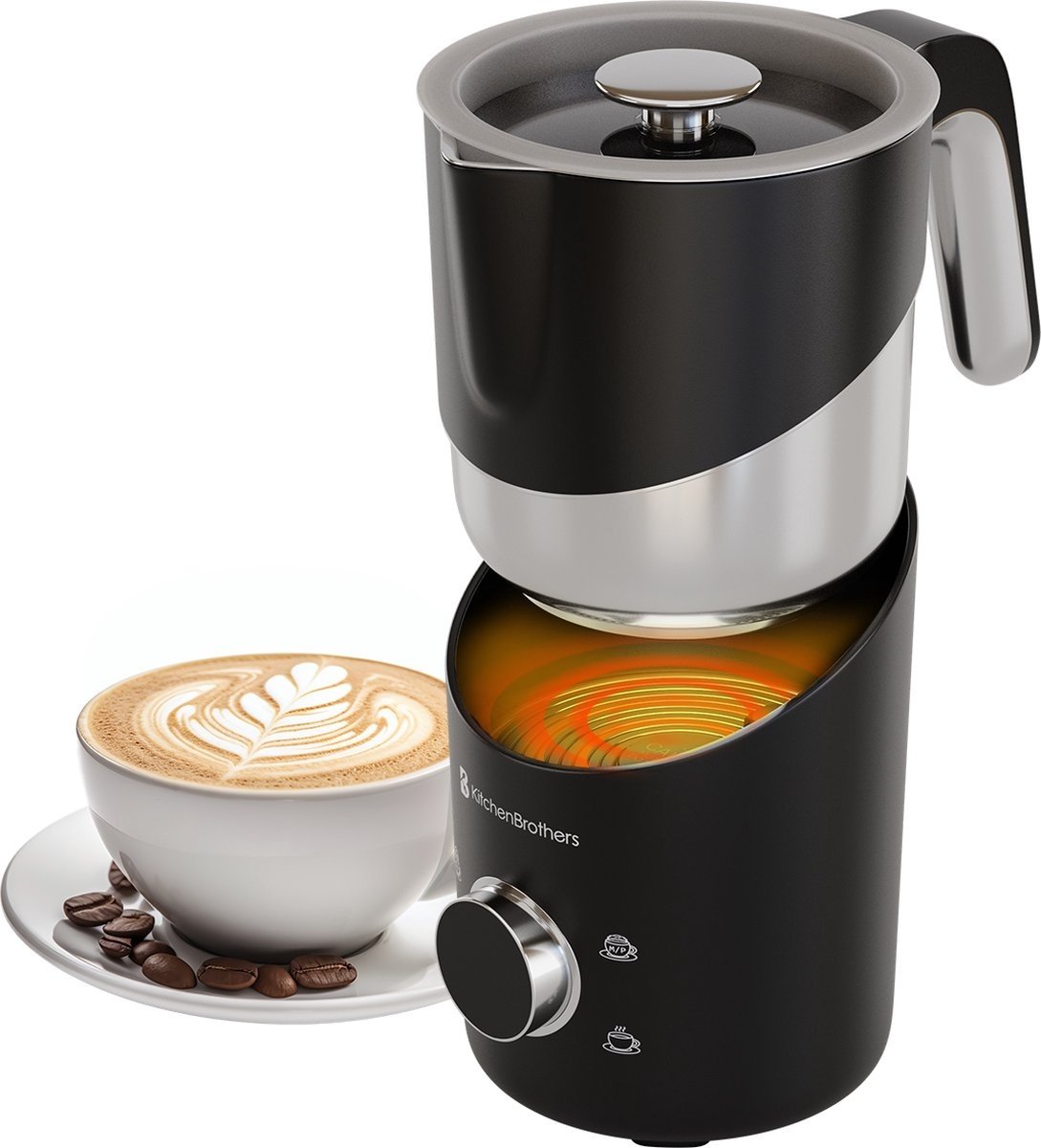 KitchenBrothers Elektrische Melkopschuimer - Vaatwasserbestendig - 4-in-1 - 400 ML - Voor 3 Cappuccino's - Zwart