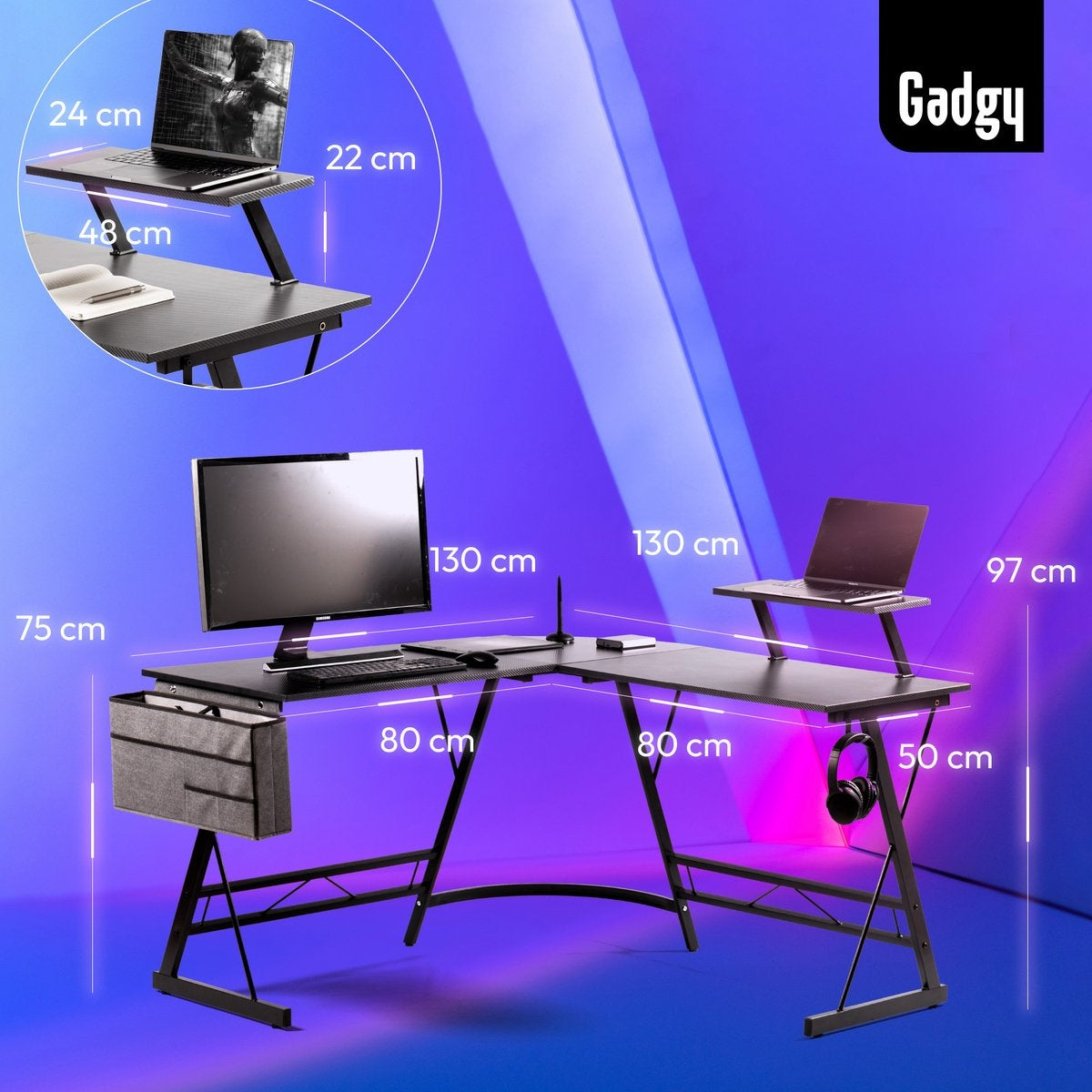 Gadgy Game Bureau Carbon PRO - Gaming HoekBureau 130 CM Breed - Gaming Bureau met Carbon Details - Gaming Desk L-vorm met Koptelefoonhouder, Scherm Verhoging & Opbergmand - Level Up met Gadgy - Zwart Carbon