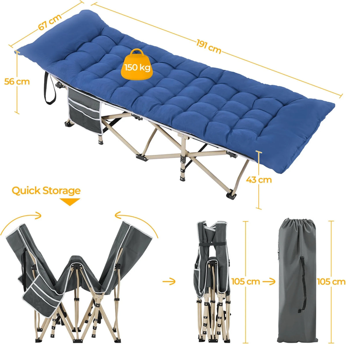 Yaheetech Campingbed Opvouwbaar 150 kg – Voorzien Van Zacht Matras En Zijvakken En Inclusief Draagtas – Voor Kamperen En Kantoor – Grijs En Blauw 600D Oxford En Metaal – 191 x 67 x 56 cm