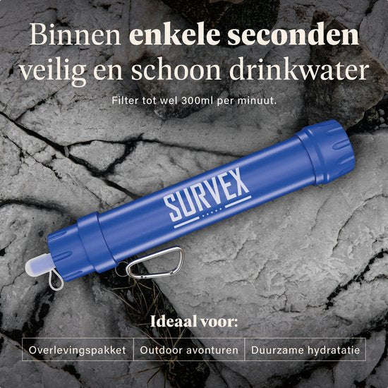 SURVEX Personal Water Filter Straw XL 4000L – Uniek KDF-55 filter – Waterfilter Survival & Outdoor – BPA-vrij – Noodpakket voor Thuis – Complete Set Waterzuiveringsapparaat – Drinkfles Waterzuivering Outdoor – Overlevingspakket – Blauw