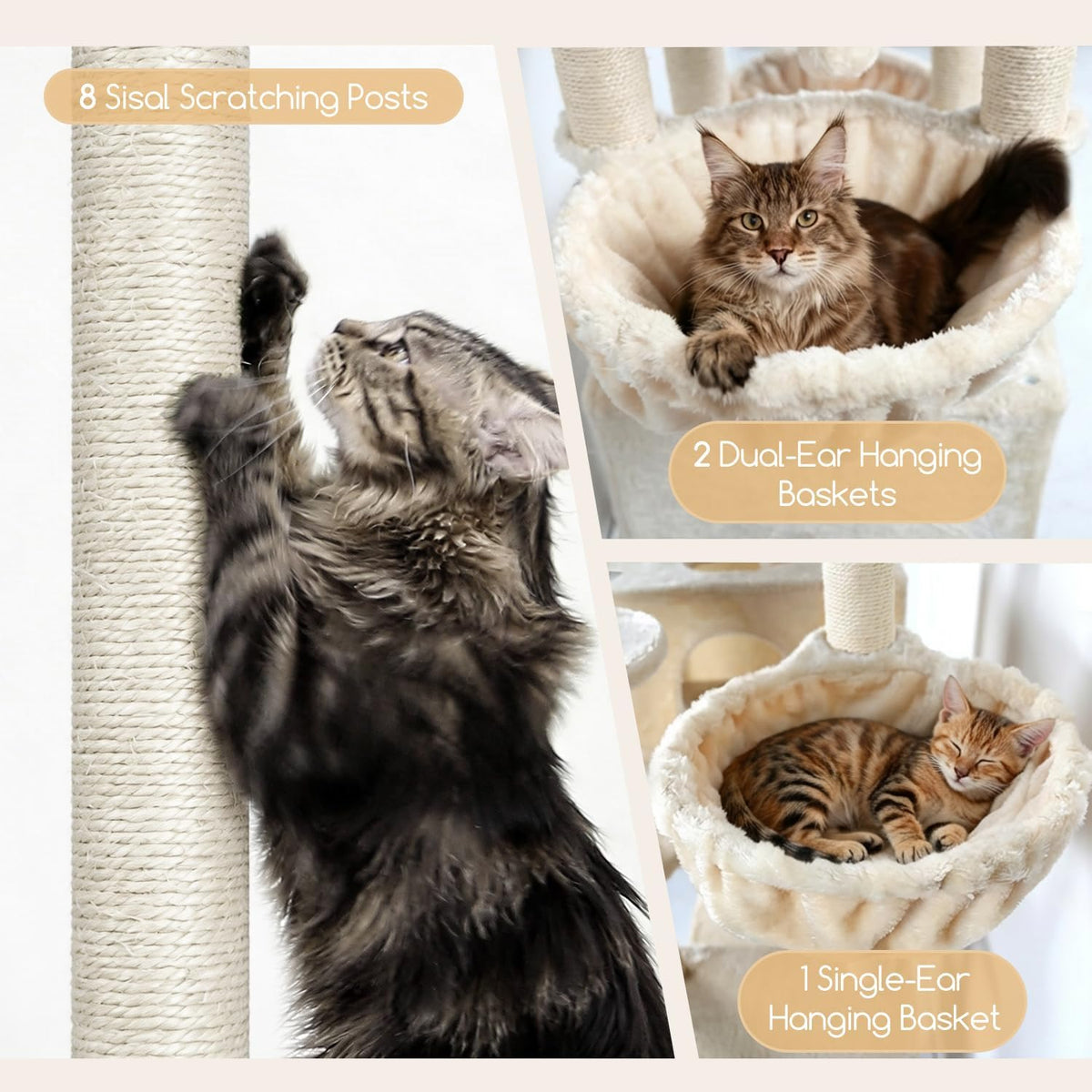 Yaheetech Krabpaal 174,5 cm – met 2 kattenhuisjes, hangmat en sisalpalen, beige