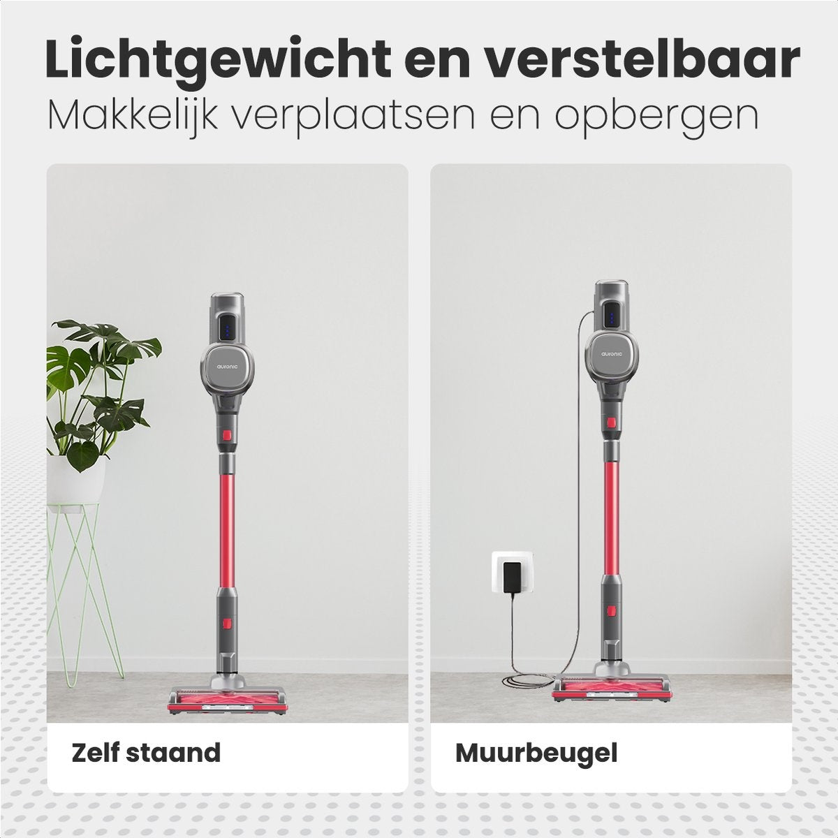 Auronic Steelstofzuiger - Zelfstaande Draadloze Steelstofzuiger - Zonder Zak - 220W - Vacuum Cleaner - Grijs/Rood