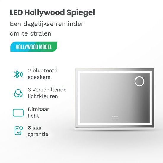 Mirlux Hollywood Spiegel 80x60CM - 2 Bluetooth Speakers - USB & USB-C Oplaadporten - LED Verlichting - Make Up Spiegel - 10x Zoom - Ophangbaar - Wit