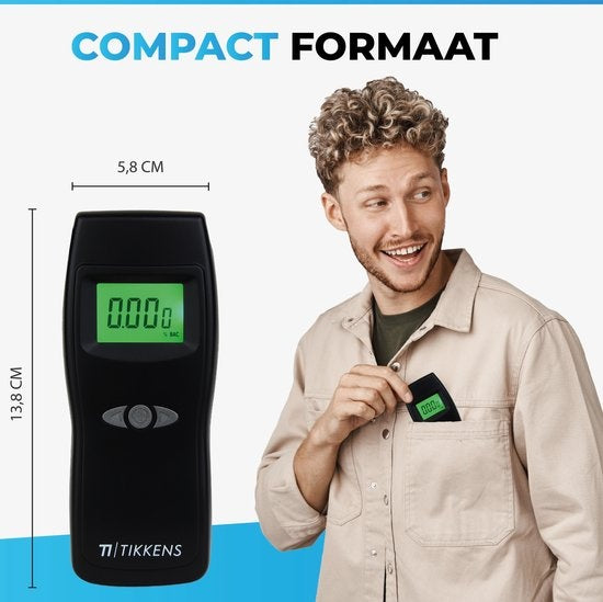 TIKKENS® Digitale Alcoholtester - Geschikt voor Frankrijk, Nederland, België, ... - Alcoholtest - USB Oplaadbaar - Blaastest Alcohol - 10 Extra Mondstukjes - Zwart