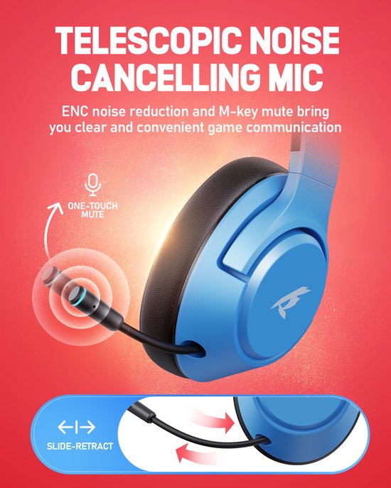 Kofire × CINPUSEN CG-01 - Draadloze Gaming Headset - Over ear koptelefoon - Met microfoon - PC/PS4/PS5/Nintendo Switch - Blauw rood