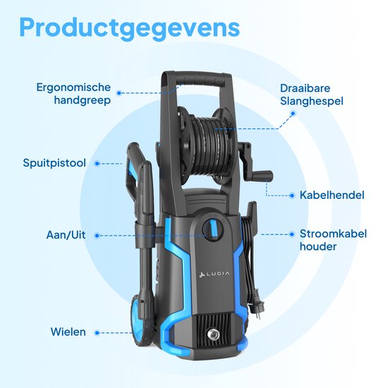 Lugia Hogedrukreiniger - 135 bar - 1600W - 430 L/H - Bundel Pakket met Terrasreiniger - Roterende Borstel en Turbo spuitmond