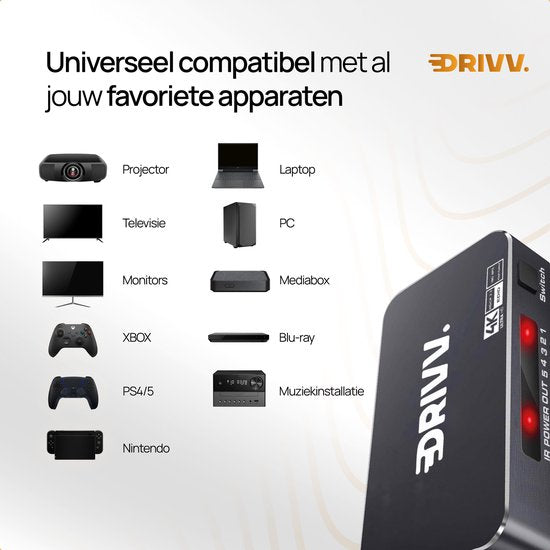 Drivv. HDMI Switch 4K 60Hz – 5 ingangen 1 uitgang - Incl Afstandsbediening - Automatisch Schakelen - Ondersteunt 720p/1080p/4K/3D - Zwart