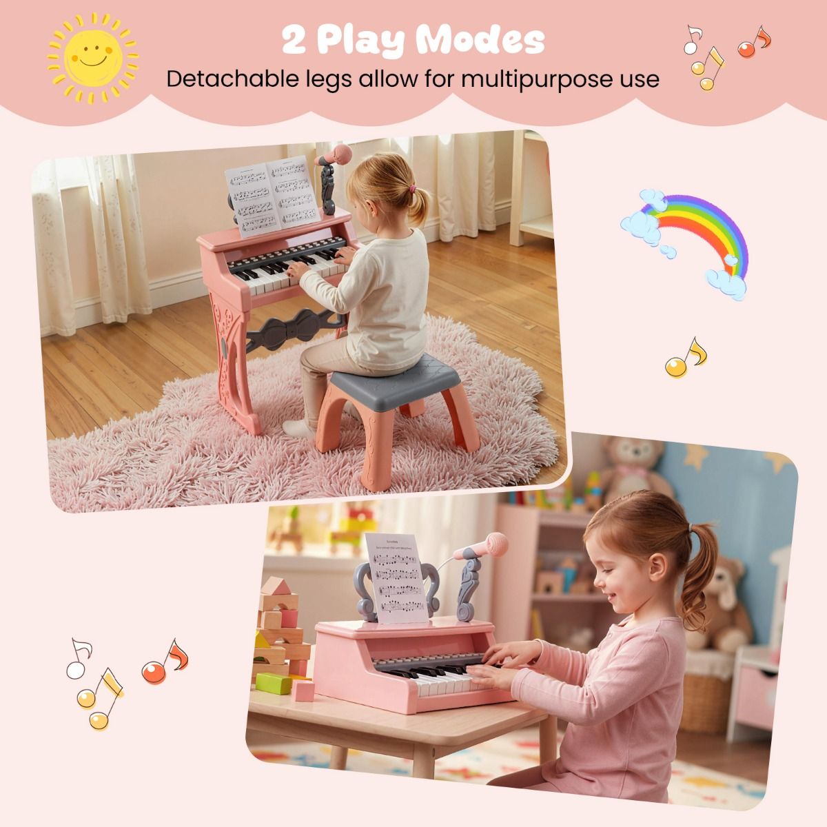 Coast Kinderkeyboardpiano - 25 toetsen - met krukje, muziekstandaard en microfoon - roze en grijs