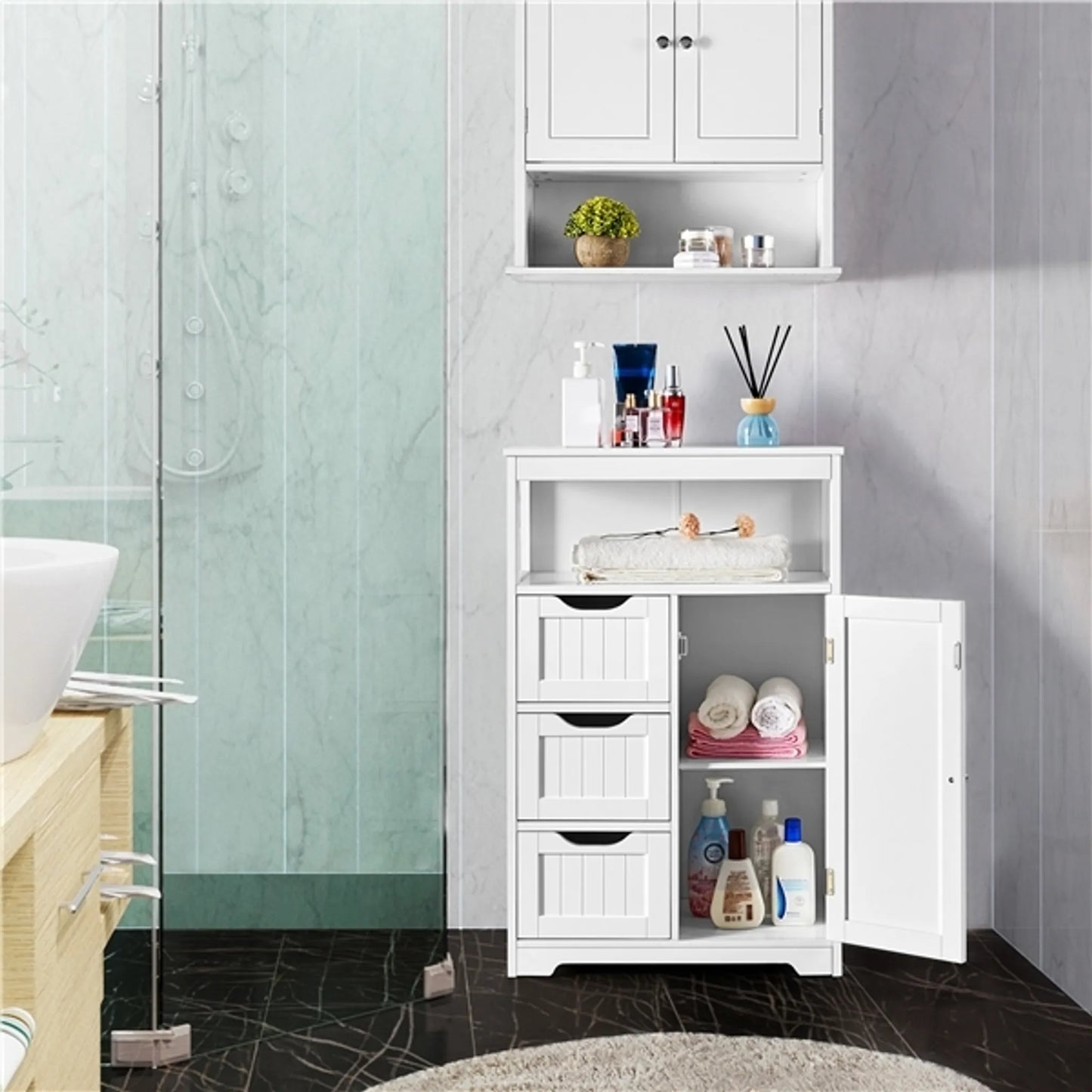 Yaheetech Badkamerkast Wit – Voorzien Van 3 Lades En Kastje Met Verstelbare Plank En Open Opbergvak – Voor Woonkamer En Slaapkamer – Wit Mdf En Metaal – 55,5 x 29,5 x 86,5 cm