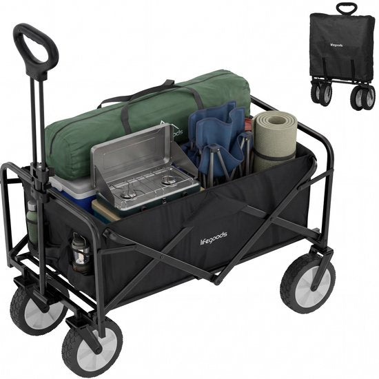 LifeGoods Bolderkar Opvouwbaar - 94L - 70KG Draagkracht - 90x50x58CM - Draaibare wielen - Inklapbare Bolderwagen met Wasbare Hoes - Zwart