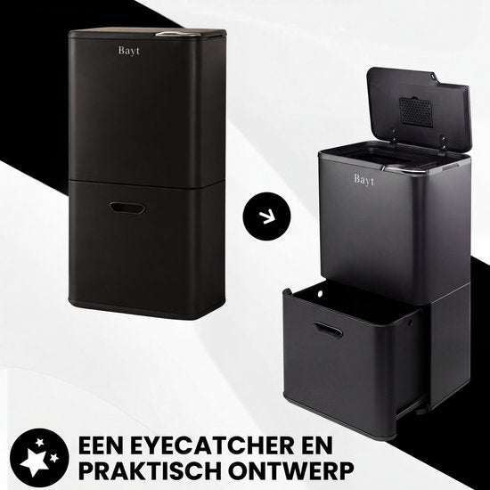 Bayt Prullenbak 60 Liter - Vuilnisbak 60 Liter - Prullenbak Afvalscheiding - 2 Compartimenten - RVS - Zwart