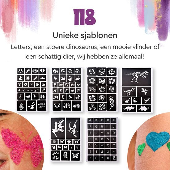 Partizzle Compleet Bio Glitter Tattoo Set - Meisjes / Jongens - Schmink Sjablonen, Lijm en Penselen - Gezicht Nep Neon Tattoos Knutselpakket - Carnaval Cadeau Knutselen voor Kinderen - 24 Kleuren / Biodegradable