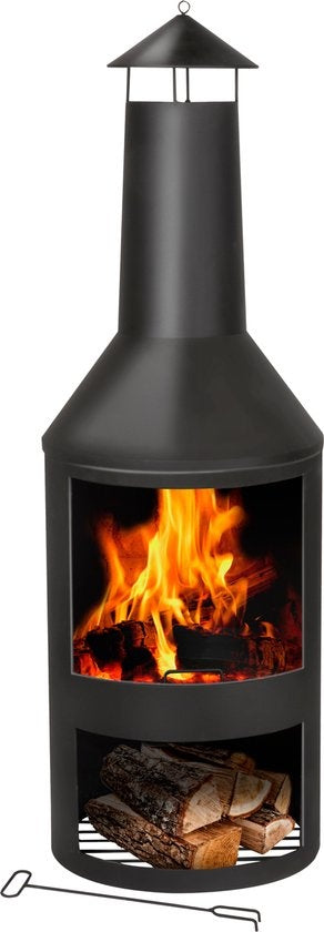 BBQ Collection Buitenhaard met Schoorsteen - Tuinhaard 134 x 44,5 x 44,5 cm - Terrashaard voor Brandhout - Terraskachel met As-Opvangbak, Pook en Houtopslag - Tuin en Terras - Carbon Staal