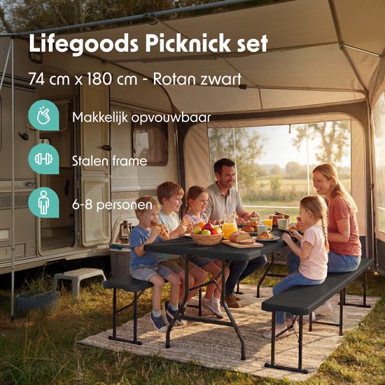 LifeGoods Inklapbare Picknickset - 180cm x 74cm - Tuintafel met 2 Banken - Weerbestendig - Campingtafel - Biertafel Opklapbaar - Voor Binnen en Buiten - Voor 6 tot 8 Personen - Rattan Zwart