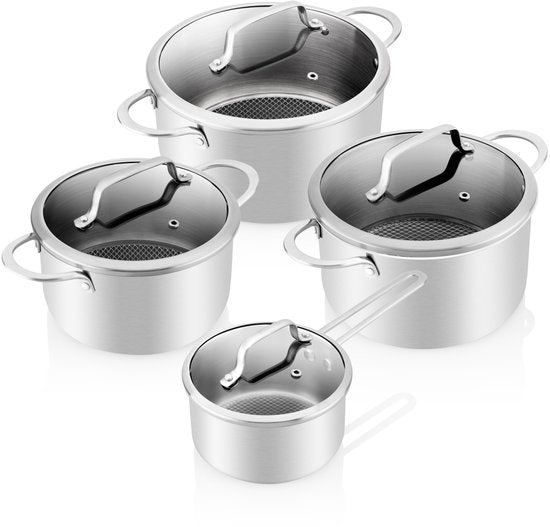 ETA HoneyComb Pannenset voor Inductie en alle Warmtebronnen – Ovenbestendig – Set van 4 Pannen met Glazen Deksel – Roestvrij Staal – Non-Stick – RVS