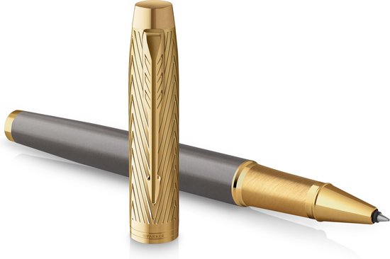 Parker IM Parker Pioneers Collection rollerbalpen | grijze lak met gouden dop en details | fijn punt | zwarte inkt | met Geschenkdoos