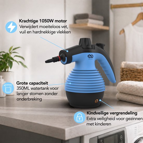 Infinity Goods Stoomreiniger - 12-in-1 Handstoomreiniger - Handstomer - Vlekkenreiniger - Tapijtreiniger - 10 Opzetstukken - 1050 Watt - 3.2 Bar - Blauw