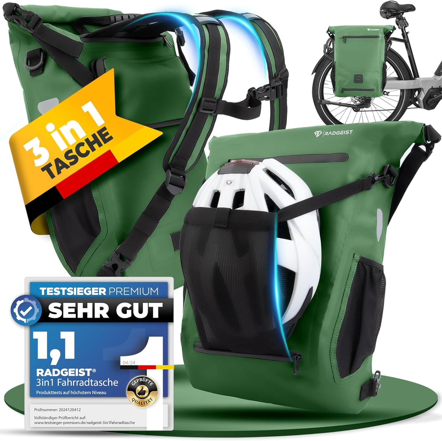 RADGEIST 3in1 fietstas voor bagagedrager I fietstas, rugzak & schoudertas 18-22L I tas voor fiets 100% waterdicht groen