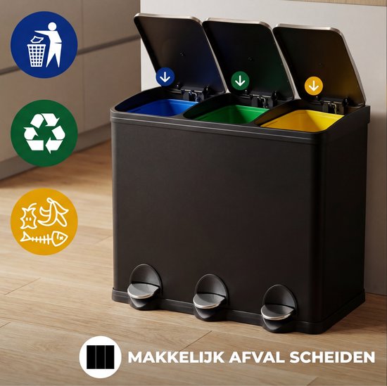 Bayt Prullenbak - Pedaalemmer 45 Liter -Prullenbak 45 Liter - Vuilnisbak 45 Liter - Prullenbak Afvalscheiding - Prullenbak 3 vakken - 3x15 Liter- Afvalbak- RVS - Zwart