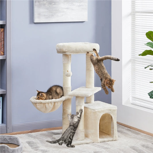 Yaheetech Krabpaal Met 3 Verdiepingen – Voorzien Van Sisalpalen En Kattenmand En Hangmat En Verwijderbare Pluche Bal – Voor Kleine En Middelgrote Katten – Beige Pluche En E1 Spaanplaat – 51 x 34,5 x 87 cm
