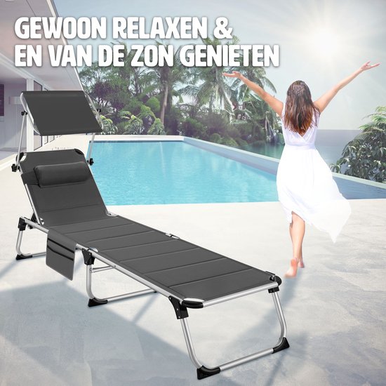 tectake® - ligstoel ligbed zonnebed gestoffeerd, inklapbaar - grijs - 220 x 60,5 x 34 cm, met zijvak