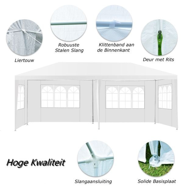 Coast Tuinpaviljoen Feesttent - 6 Zijwanden, UV- & Waterdicht, Piekhoogte 2.5m - 6 x 3 x 2.5 m - Staal/PE - Wit