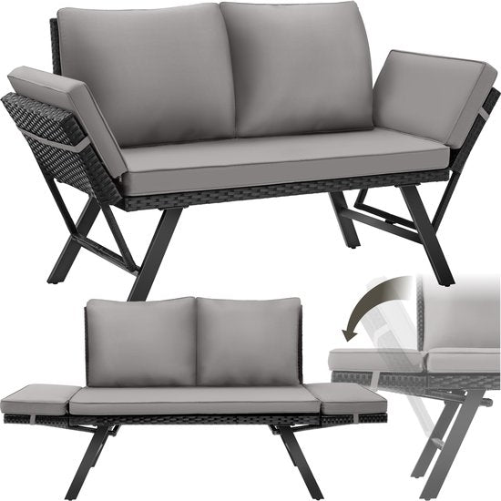 tectake® 2-in-1 Wicker Tuinbank Sintra - Verstelbare Leuningen - Tuinset - Ligbed - Balkon Loungebank - Incl. Kussens - Outdoor Loungesofa - UV- en Weerbestendig Zonnebed - Lichtgrijs/Zwart