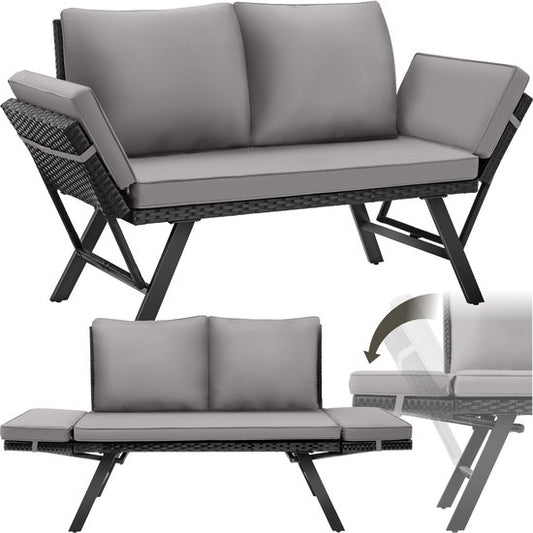 tectake® 2-in-1 Wicker Tuinbank Sintra - Verstelbare Leuningen - Tuinset - Ligbed - Balkon Loungebank - Incl. Kussens - Outdoor Loungesofa - UV- en Weerbestendig Zonnebed - Lichtgrijs/Zwart