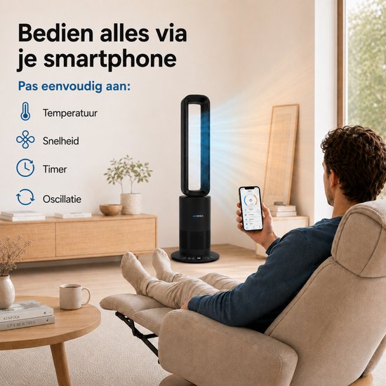 Aironex Bladloze Ventilator Zwart - Energiezuinige Luchtkoeler - Aircooler met Draaifunctie - Verwarming en Verkoeling in 1 -Ventilatoren - TafelVentilator -Vloerventilator