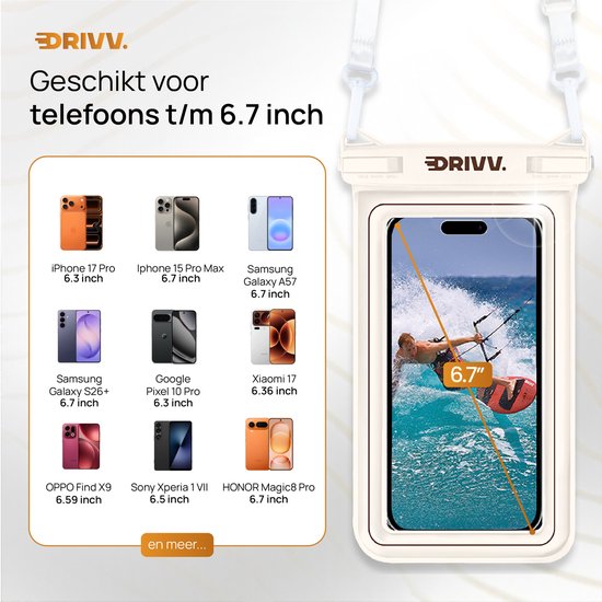 Drivv. Luxe Waterdicht Telefoonhoesje – Drijvend - Dubbele Klipsluiting - Telefoons tot 6.8 inch – Onderwater Hoesje Telefoon - Beige