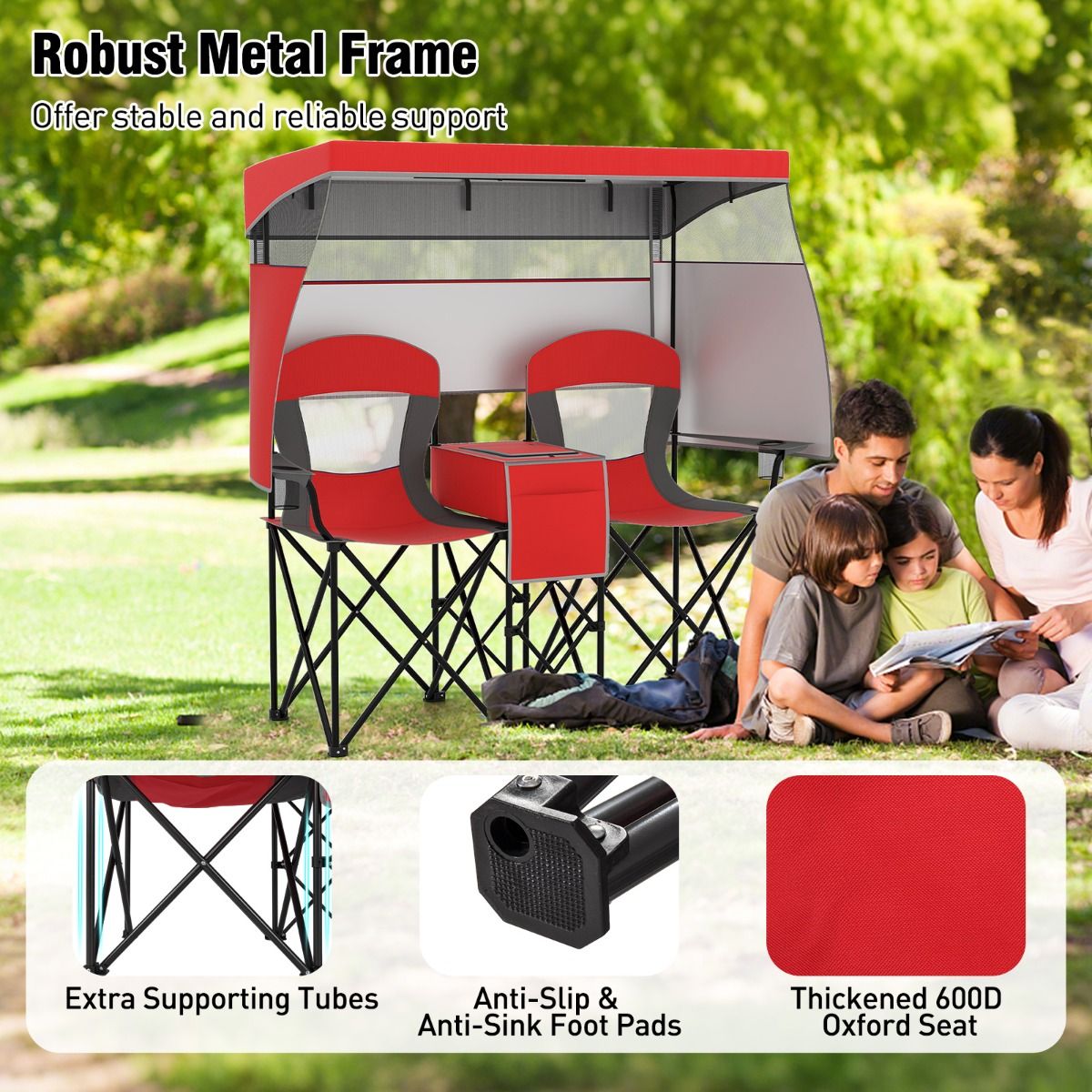 Coast Dubbele Campingstoel - verstelbare zonwering - koeltas en bekerhouders - rood