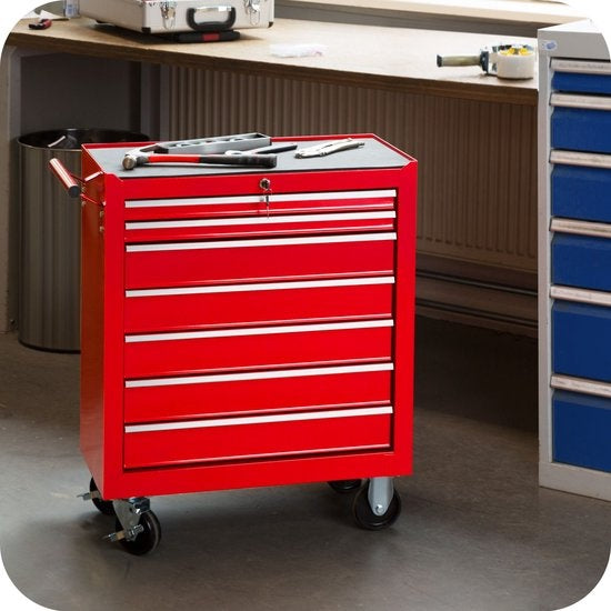 tectake® - Gereedschapswagen met 7 lades - werkplaatswagen, rijdende werkplaats, lege gereedschapswagen, gereedschapskist, 7 laden, 69 x 33 x 79 cm, wielen met rem, incl. 2 sleutels - rood