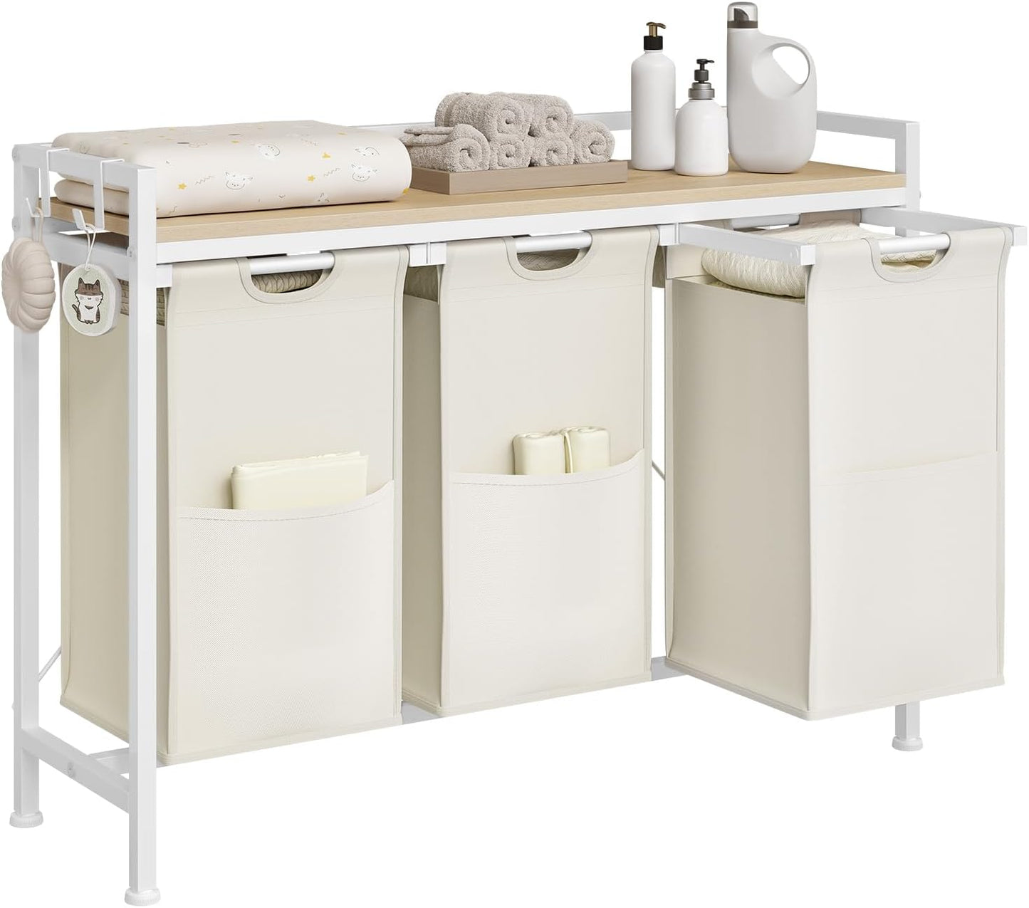 WOLTU - Wasmand met 3 vakken 3x40 l - Was sorteerder met plank - Wit en licht eiken 96 x 71 x 30 cm