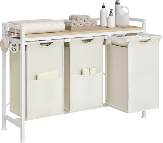 WOLTU - Wasmand met 3 vakken 3x40 l - Was sorteerder met plank - Wit en licht eiken 96 x 71 x 30 cm