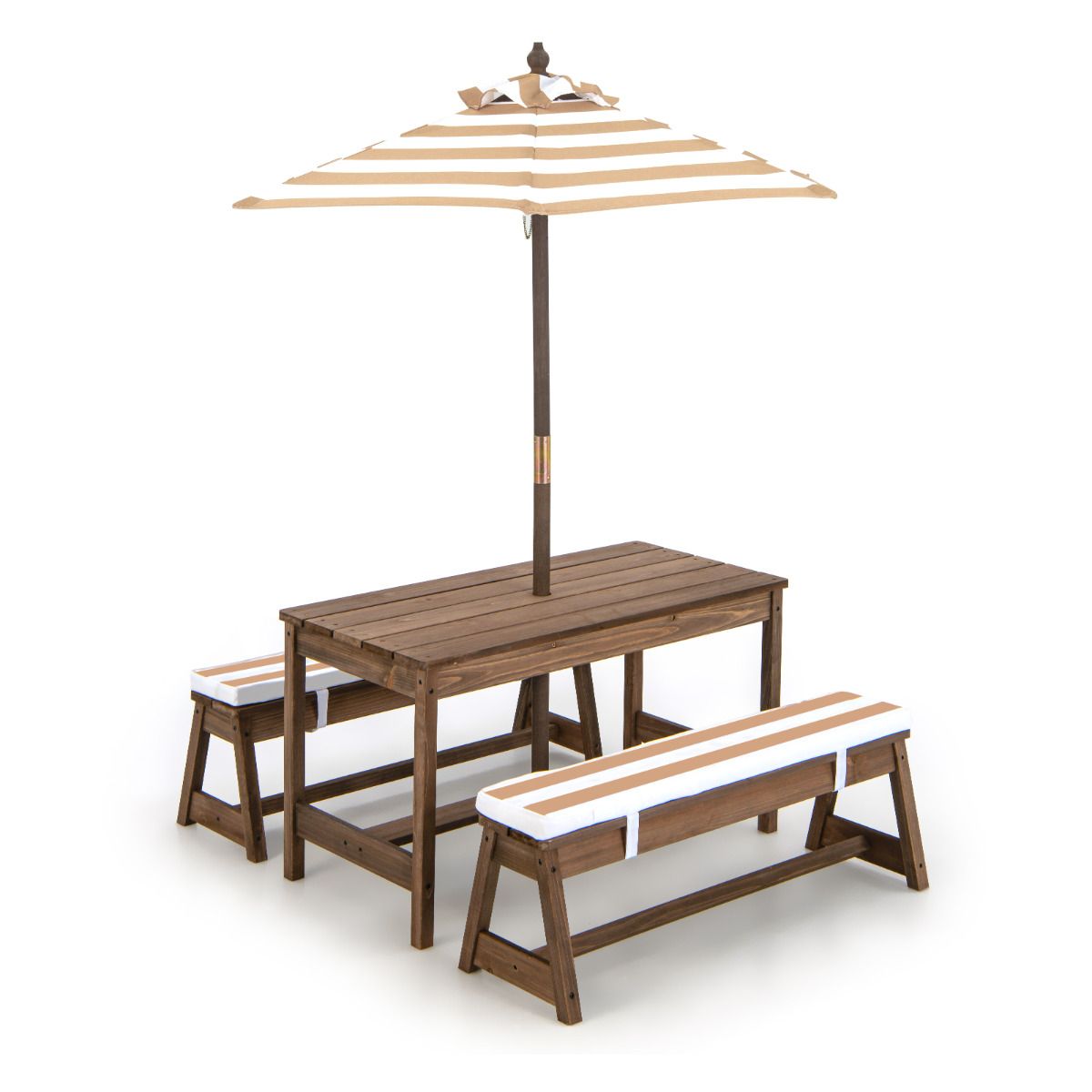 Coast Kinderen Picknicktafel met Paraplu en Kussens – 89 x 85 x 47 cm – Koffiekleur – Activiteitentafel en Stoelenset voor Binnen en Buiten