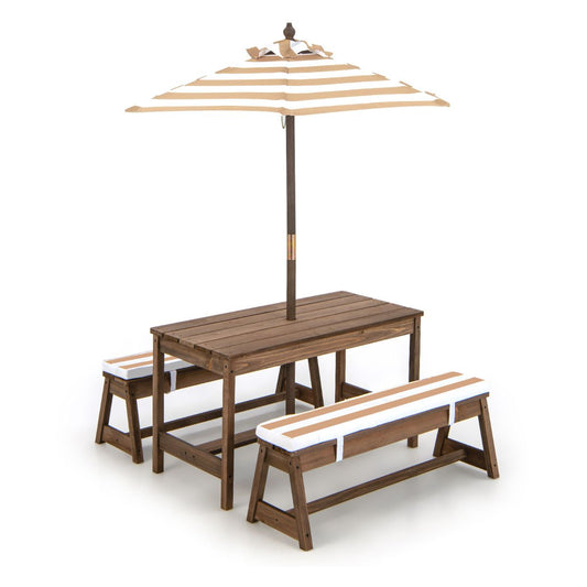 Coast Kinderen Picknicktafel met Paraplu en Kussens – 89 x 85 x 47 cm – Koffiekleur – Activiteitentafel en Stoelenset voor Binnen en Buiten