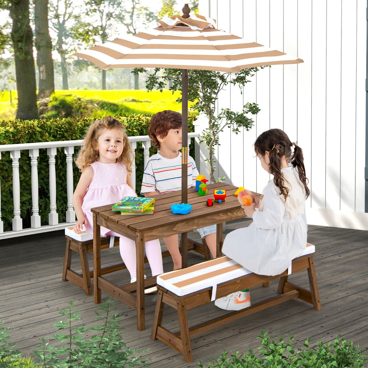 Coast Kinderen Picknicktafel met Paraplu en Kussens – 89 x 85 x 47 cm – Koffiekleur – Activiteitentafel en Stoelenset voor Binnen en Buiten
