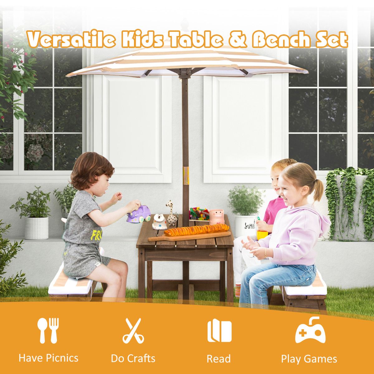Coast Kinderen Picknicktafel met Paraplu en Kussens – 89 x 85 x 47 cm – Koffiekleur – Activiteitentafel en Stoelenset voor Binnen en Buiten