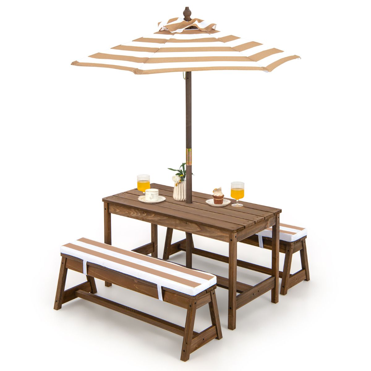 Coast Kinderen Picknicktafel met Paraplu en Kussens – 89 x 85 x 47 cm – Koffiekleur – Activiteitentafel en Stoelenset voor Binnen en Buiten