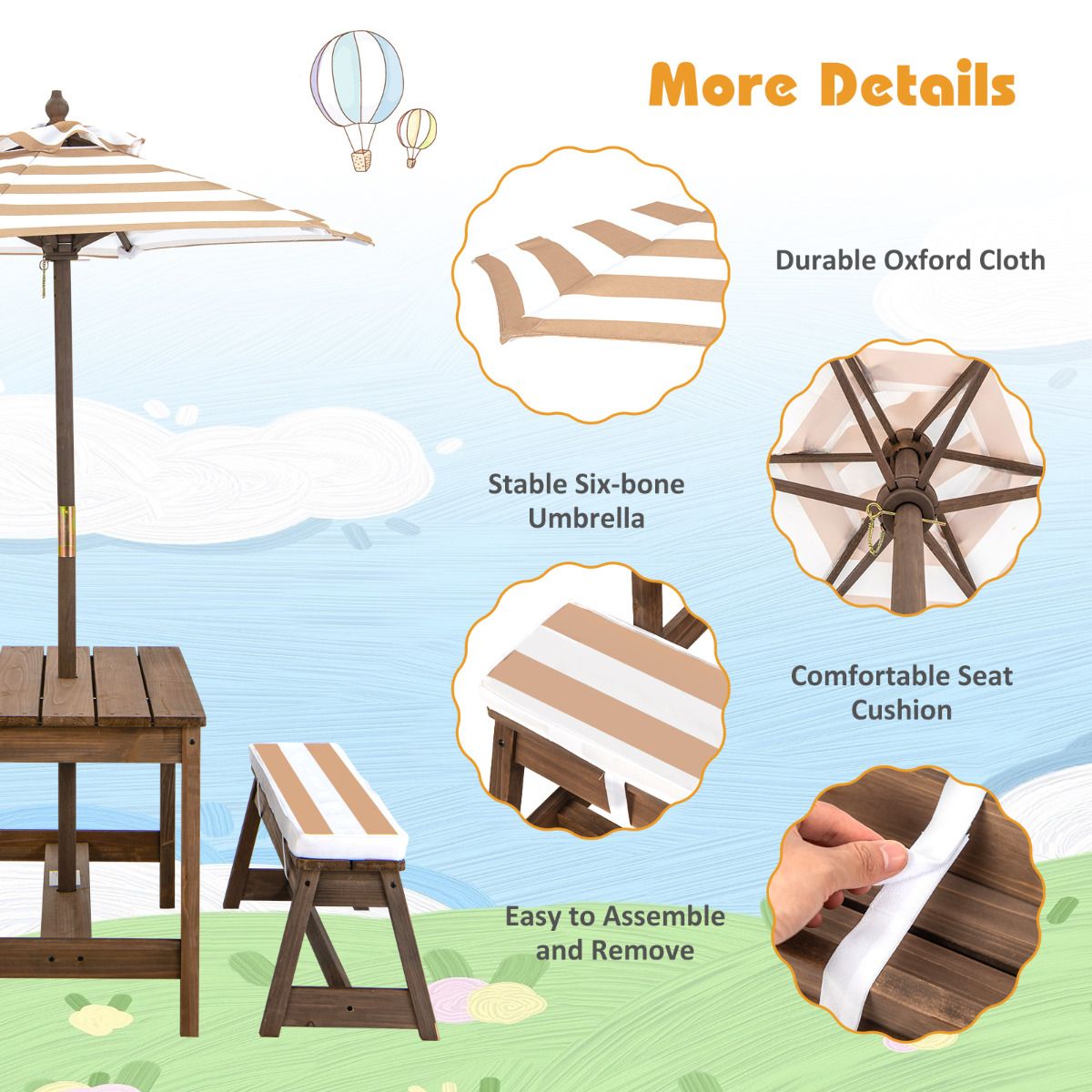 Coast Kinderen Picknicktafel met Paraplu en Kussens – 89 x 85 x 47 cm – Koffiekleur – Activiteitentafel en Stoelenset voor Binnen en Buiten