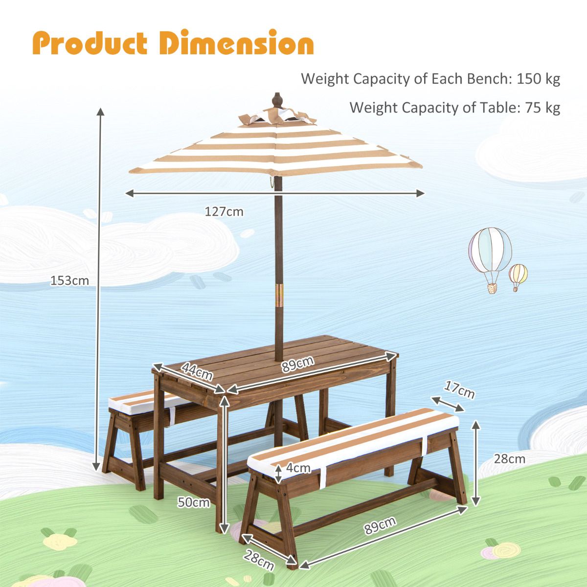 Coast Kinderen Picknicktafel met Paraplu en Kussens – 89 x 85 x 47 cm – Koffiekleur – Activiteitentafel en Stoelenset voor Binnen en Buiten