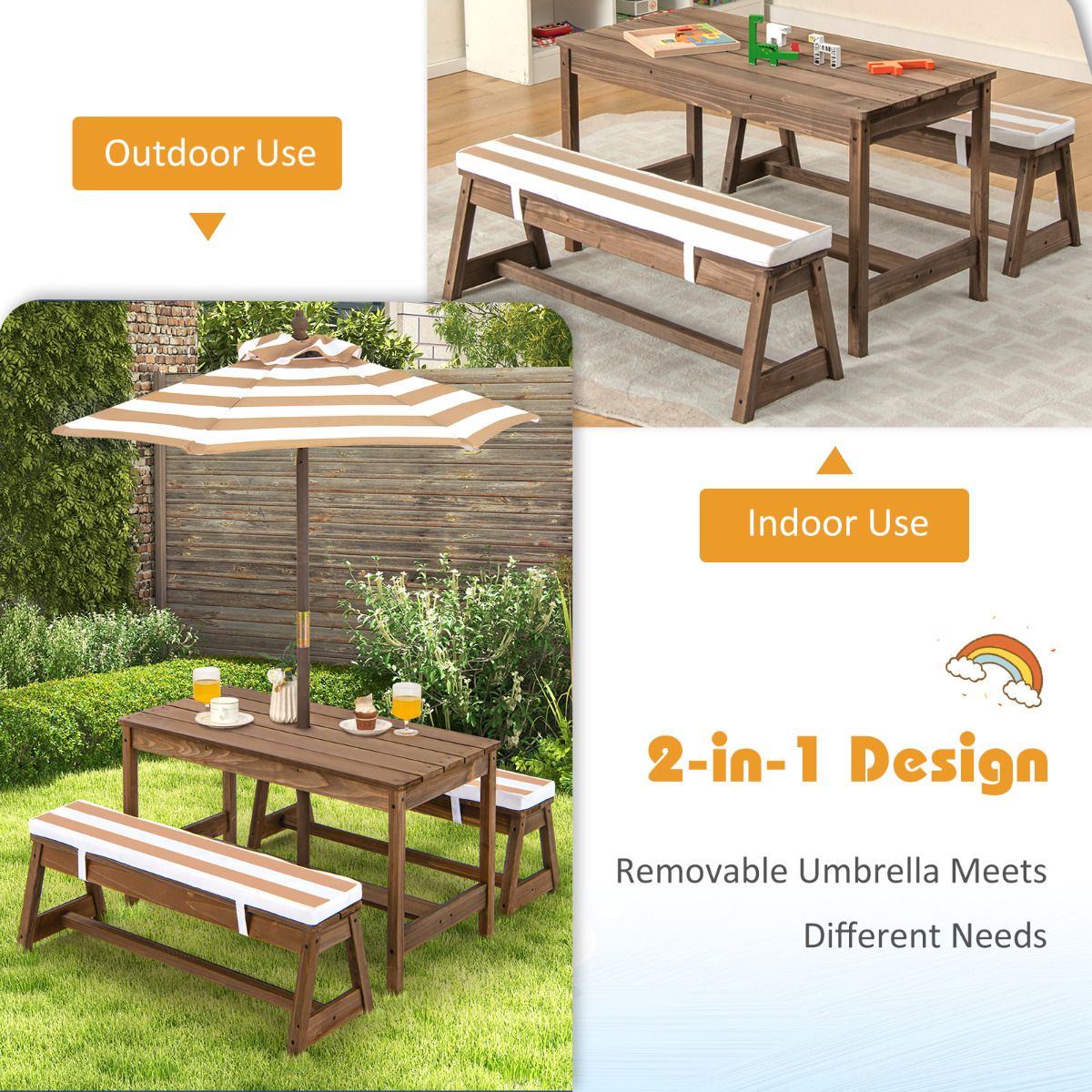 Coast Kinderen Picknicktafel met Paraplu en Kussens – 89 x 85 x 47 cm – Koffiekleur – Activiteitentafel en Stoelenset voor Binnen en Buiten