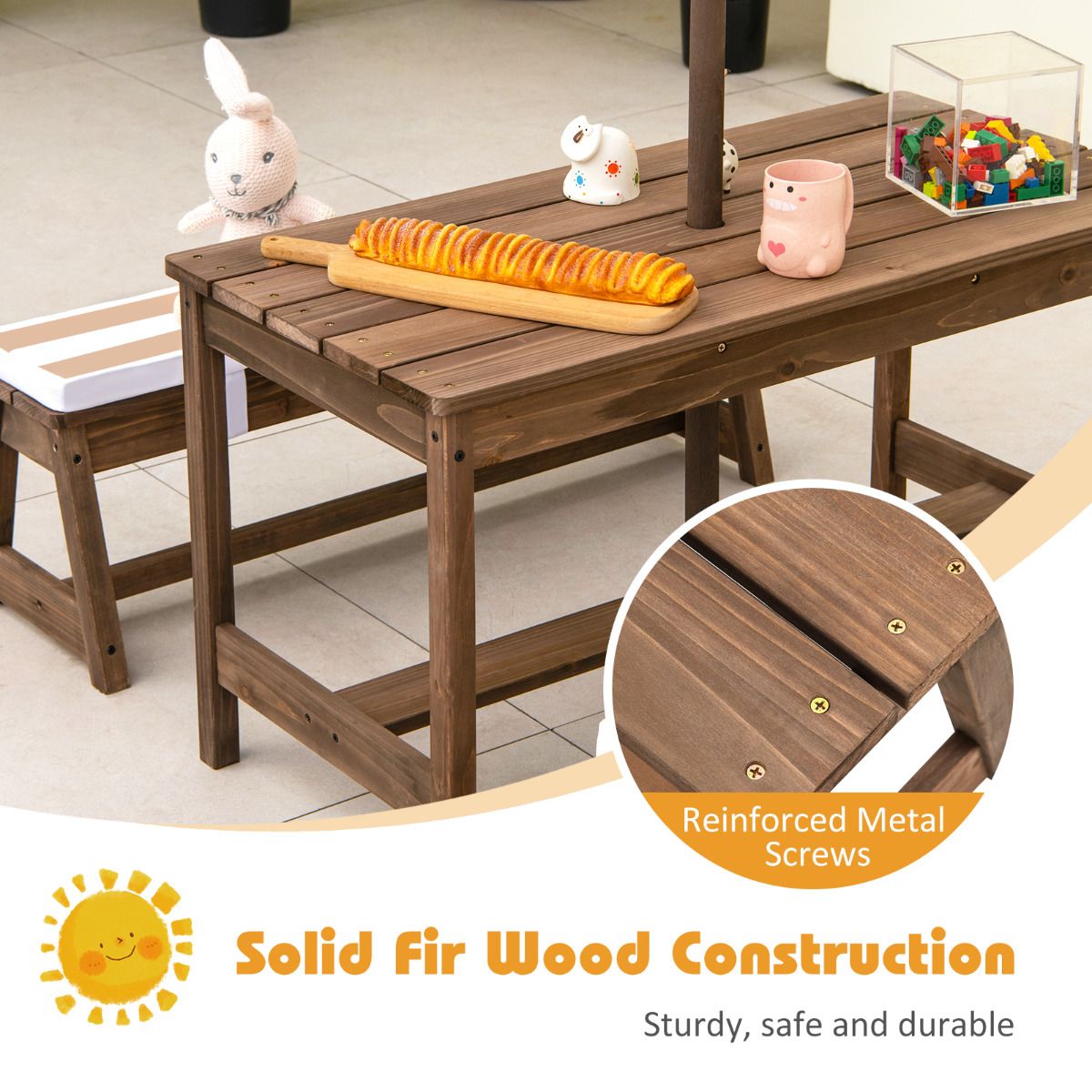 Coast Kinderen Picknicktafel met Paraplu en Kussens – 89 x 85 x 47 cm – Koffiekleur – Activiteitentafel en Stoelenset voor Binnen en Buiten