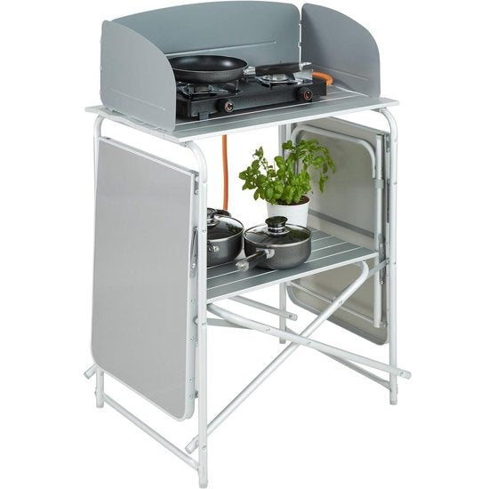 tectake® - Campingkeuken 172x52x104cm - Opvouwbaar - Afsluitbare compartimenten - Stevige werkbladen - Incl. windscherm- zwart