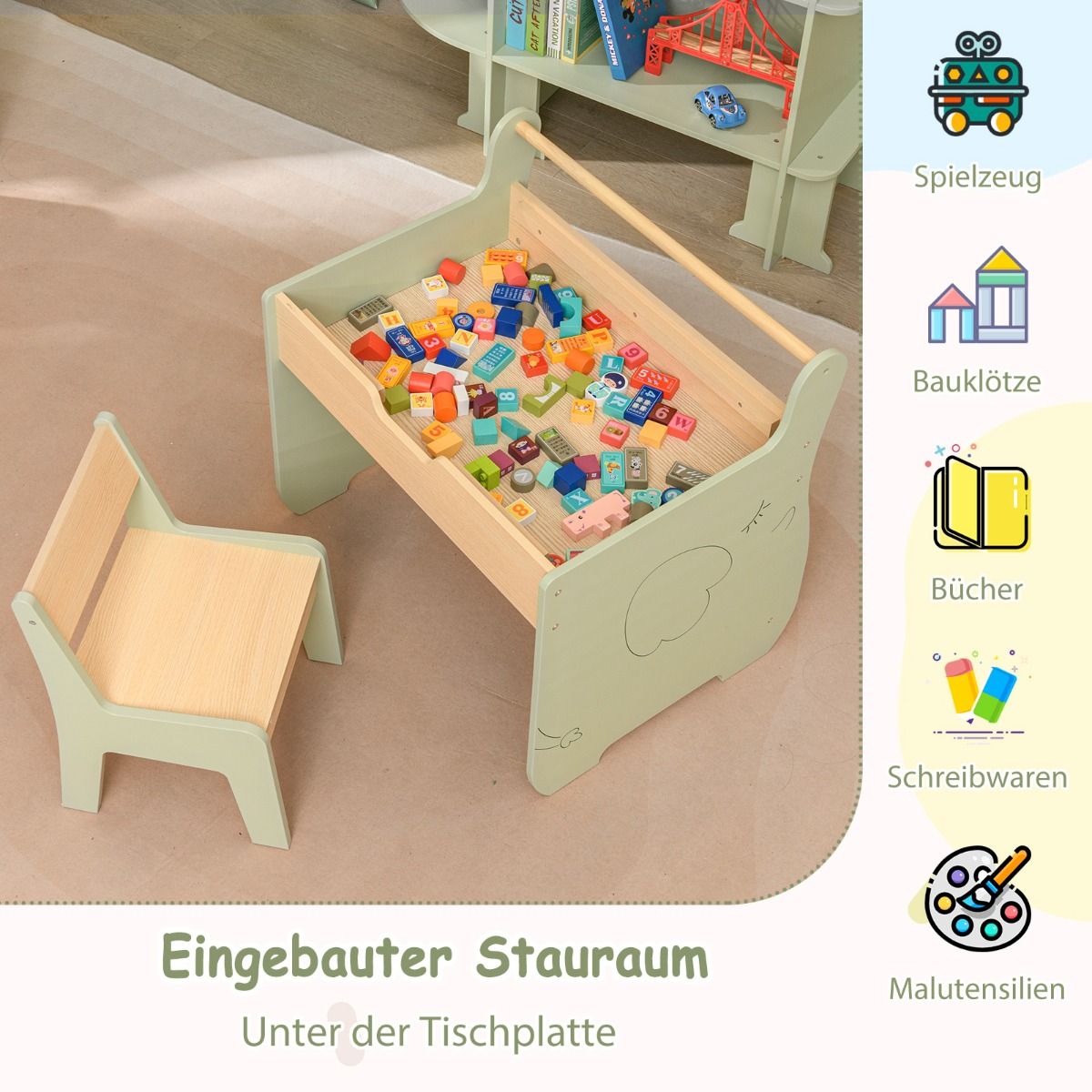 Coast 3-in-1 Kindertafelset - met omkeerbaar tafelblad en verborgen opbergruimte - groen