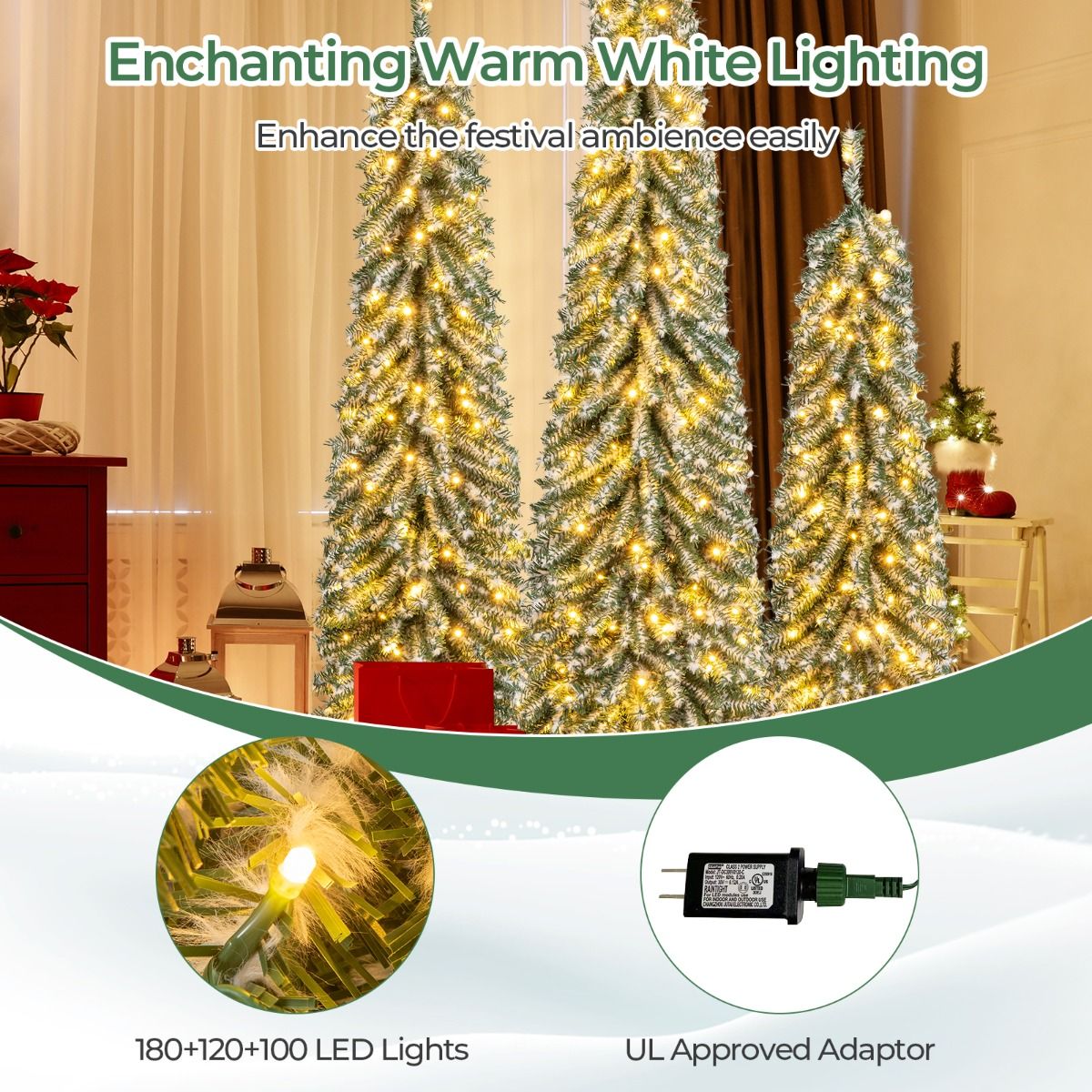 Coast Kunstkerstbomen Set - potloodvorm - met nepsneeuw en LED-verlichting - 120/150/180 cm
