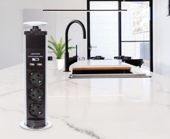 Perel Pop-upstekkerdoos, 3 stopcontacten met randaarde (type F), 2 USB-poorten, montagegat 71 mm, gebruik binnenshuis, zwart/grijs